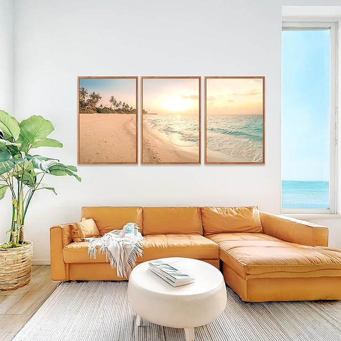 Aurlan Tropical Beach Sunset Framed Wall Art(16"x24"), 3PCS Coastal Ocean Island Canvas Artwork, Vintage Seascape Landscape Scenery Decor Prints for Office Home-Ruum Studio Home