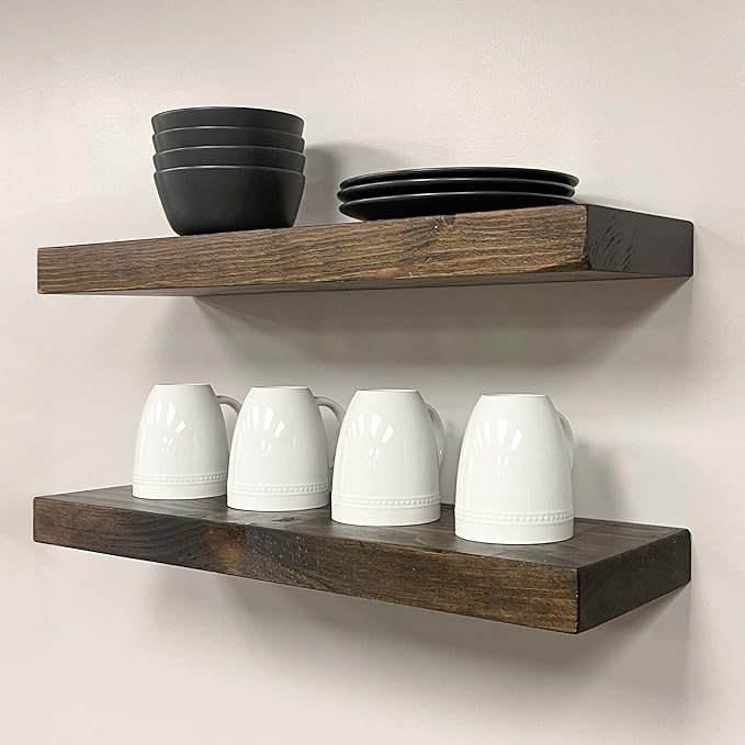 URBANDI, Rustic Floating Shelves, Set of 2, Hidden Bracket, Solid Wood, Heavy Duty, Wall Mounted Shelves, (Dark Brown, 24Wx12D)-Ruum Studio Home