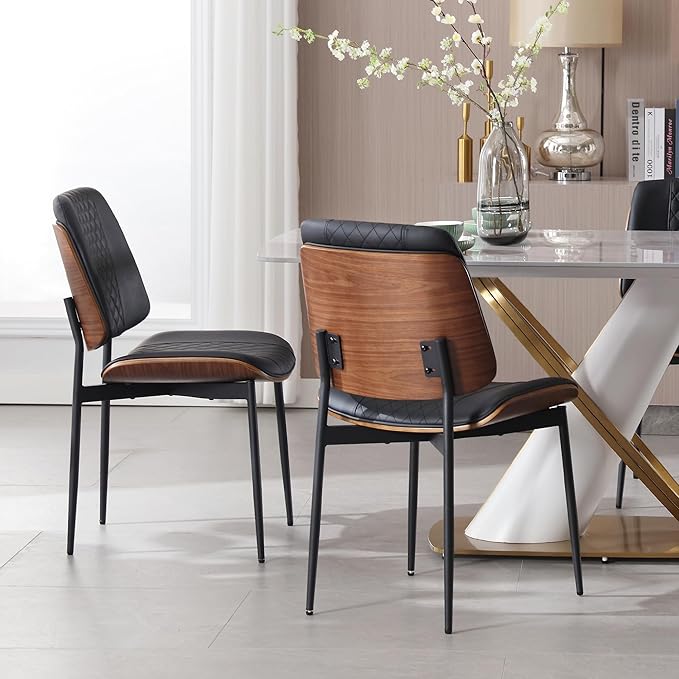 BV Dining Chairs Set of 2, PU Leather Armless Kitchen Chair in Modern Walnut Style, Mid Century Bentwood Side Chair with Metal Legs, Retro Accent Guest Chair for Kitchen Dining Room(Black)-Ruum Studio Home