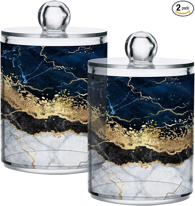 2 Pack Qtip Holder Dispenser Navy Blue Marble Bathroom Storage Canister Lid Acrylic Plastic Apothecary Jar Set Vanity Makeup Organizer for Cotton Swabs/Pads/Floss-Ruum Studio Home