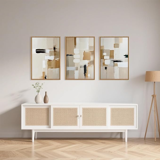 Large Abstract Beige Framed Canvas Wall Art Set, Neutral Textures Wall Decor, Warm Minimalist Shapes Wall Painting, Modern Neutral Art Prints for Living Room, Bedroom, Office - 16"X24"X3-Ruum Studio Home