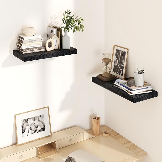 Fun Memories Black Floating Shelves 16 Inch Long, 8 Deep Floating Shelf Wall Mounted, 16 x 8 Inch Wooden Bathroom Shelves, Deep Storage Shelves for Living Room, Kitchen, Set of 2-Ruum Studio Home