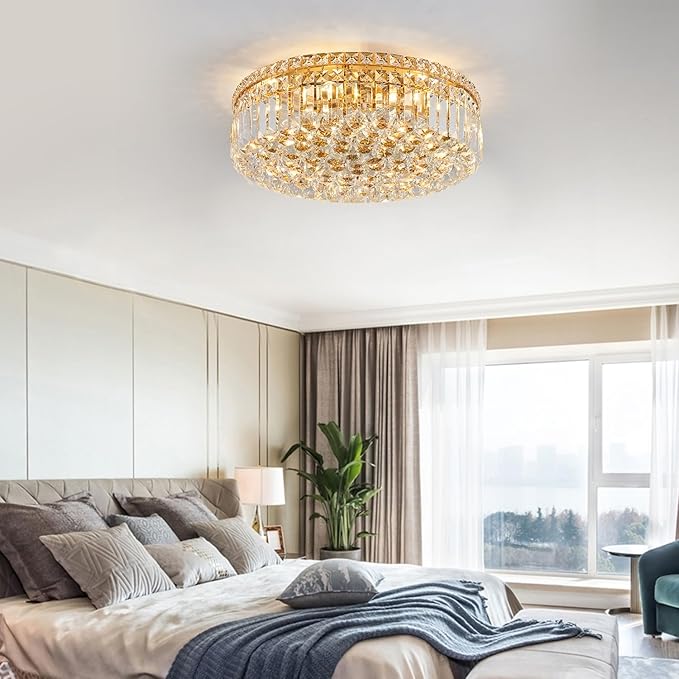 6-Lights Gold Crystal Flush Mount Chandelier Light Fixture K9 Crystals Modern Ceiling Lights Elegant Pendant Lamp for Bedroom,Hallway,Bar,Living Room,Dining Room,H5.9 xW20 (Bulbs Not Included)-Ruum Studio Home