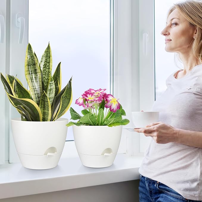 Plant Pots 12/10/9 Inch Self Watering Pots, Set of 3 Plastic Planters with Drainage Holes and Saucers,Plastic Flower Pots,Nursery Planting Pot for Indoor Out Door Plants(Pure White)-Ruum Studio Home