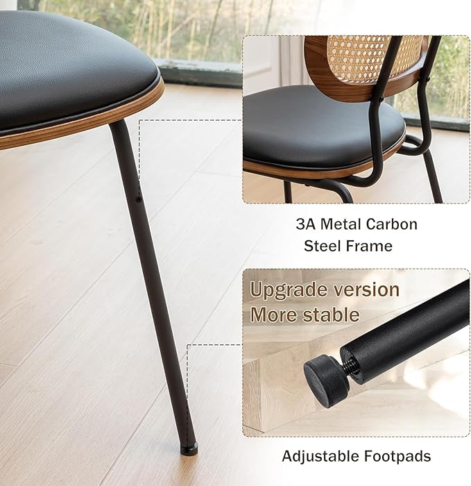 Rattan Dining Chairs Set of 4, Mid Century Modern Dining Chairs with Cane Back for Kitchen Dining Room, 19 Inch Faux Leather Black-Ruum Studio Home