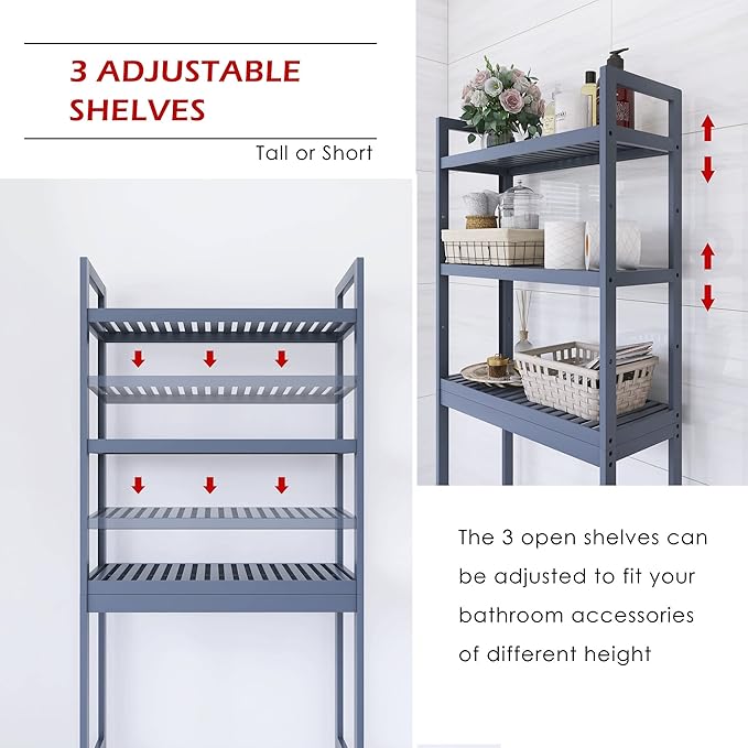 SMIBUY Bathroom Storage Shelf, Bamboo Over-The-Toilet Organizer Rack, Freestanding Toilet Space Saver with 3-Tier Adjustable Shelves (Grey)-Ruum Studio Home