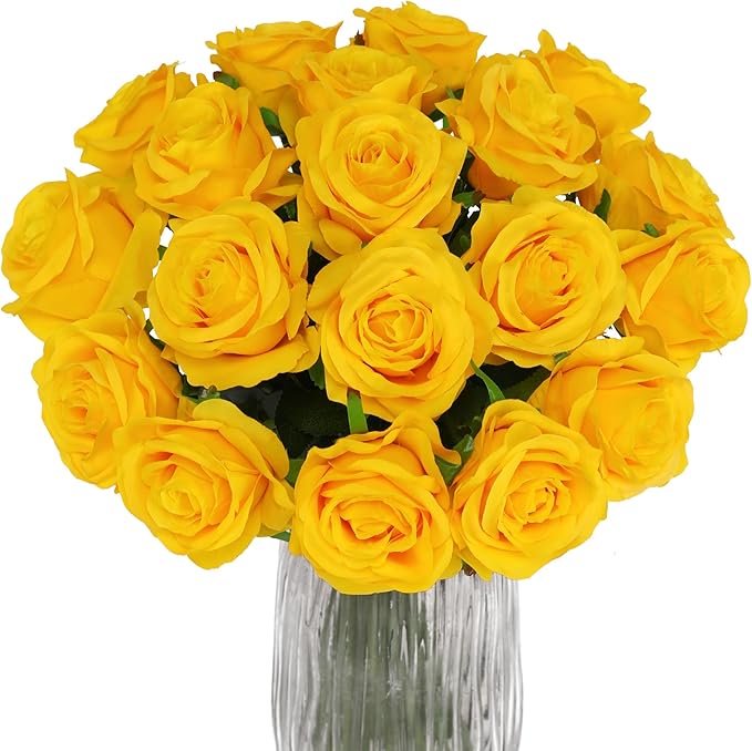 Yellow Fake Roses Artificial Flowers - 10 Pcs Fake Artificial Roses Silk Flowers with Stems for Home Wedding Hotel Office Centerpiece Decor-Ruum Studio Home