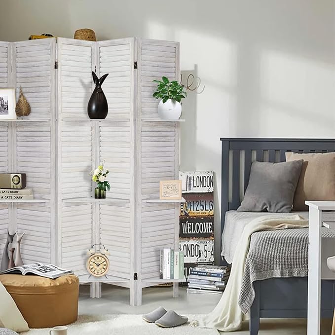 Room Divider with Shelves, Privacy Screen, Room Dividers and Folding Privacy Screens, 4 Panel Wood Temporary Wall Partition Separation Separator, Coconut-Ruum Studio Home