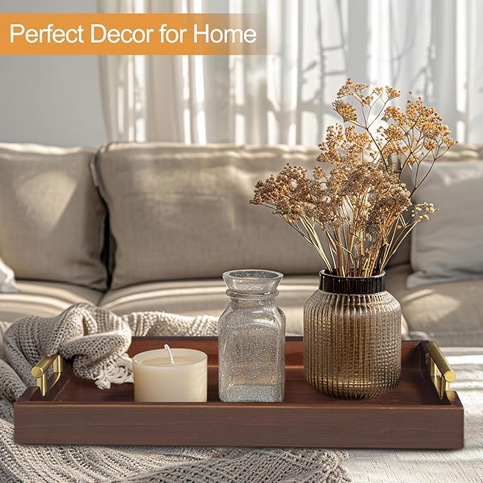 Coffee Table Tray - Large Ottoman Trays for Living Rooms - Wood Serving Tray with Handles(2 Sets) - Wooden Tray for Coffee Table, 4 Round Coasters Included, Dark Brown-Ruum Studio Home