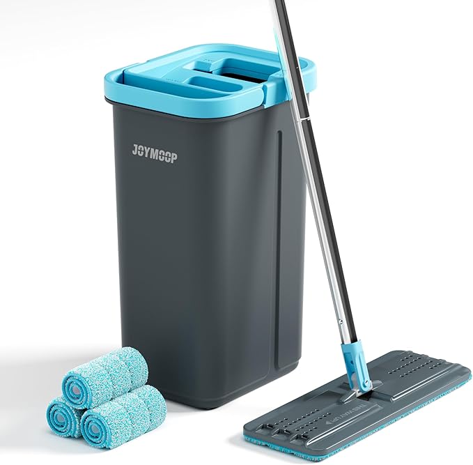 JOYMOOP Mop and Bucket Set with Wringer, with 3 Reusable Microfiber Mop Pads, Mops for Floor Cleaning and Wall Cleaning, Hands-Free Flat Mop for Home Use - Grey+Cyan Blue-Ruum Studio Home