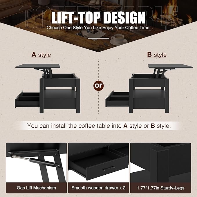 Rolanstar Coffee Table, Lift Top Coffee Table with Drawers and Hidden Compartment, Retro Central Table with Wooden Lift Tabletop, for Living Room, Black-Ruum Studio Home