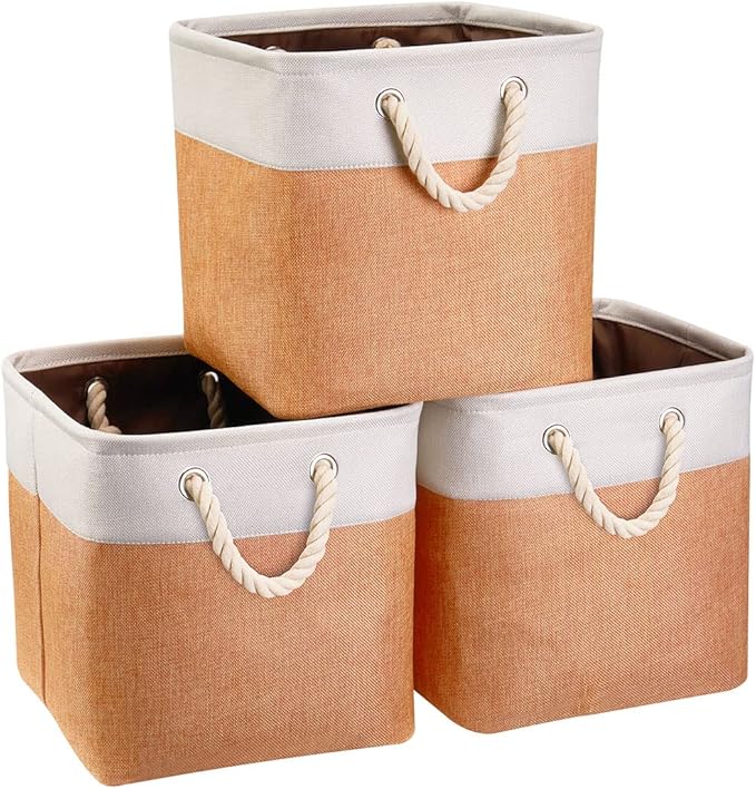 i BKGOO 3Pack Large Foldable Storage Bins，Collapsible Sturdy Cationic Fabric Organizing Storage Basket Cube with Cotton Handles for Home Office Shelf Clothes Toys Beige-Orange 13×13×13 inch-Ruum Studio Home