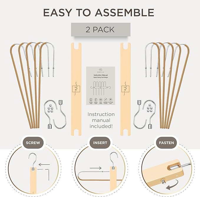 MORALVE Pants Hangers Space Saving - 2 Pack European Beechwood Scarf and Jean Hangers - Closet Organizer and Space Saver Pant Rack, Leggings Hanger, and Scarf Holder with 360° Swivel Hook-Ruum Studio Home