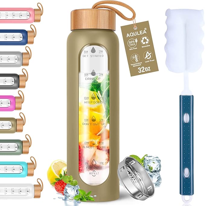 Aqulea Glass Water Bottles with Silicone Sleeve - BPA Free Reusable Wide Mouth Glass Motivational Water Bottles with Fruit Infuser – Leak Proof Borosilicate Water Bottle with Time Marker-Ruum Studio Home