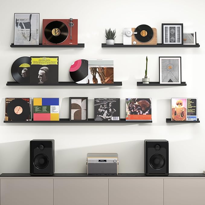Heimlove Picture Ledge Shelf, Floating Shelves Set of 2, 48 Inches Picture Shelf for Wall with Ledge, Kids Bookshelf Wall Mounted for Living Room Bedroom Decor Books Photo Frames, Black-Ruum Studio Home