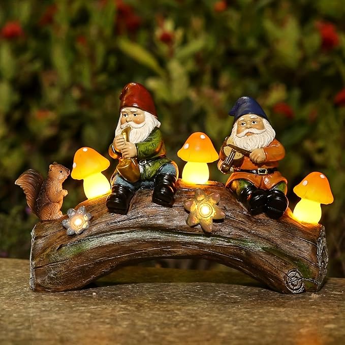 Funny Garden Gnome Statue Solar Powered Mushroom Figurine with Squirrel Gnome Durable Resin Outdoor Decoration for Patio Yard Lawn Ornament Housewarming Gift-Ruum Studio Home