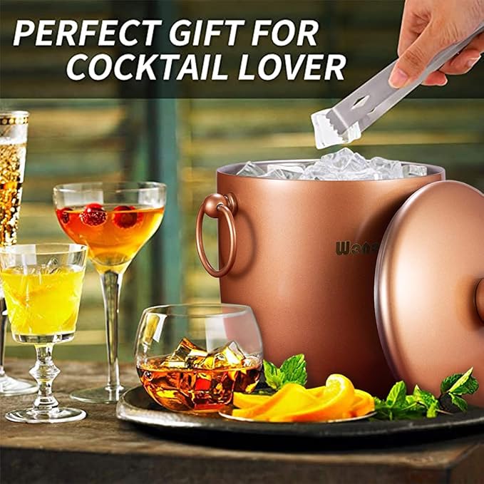Ice Bucket with Lid, Scoop, Tongs and Strainer - Well Made Insulated Stainless Steel Keep Ice Frozen Longer - Ideal for Cocktail Bar, Parties, Chilling Wine, Champagne - 3 Liter (Copper)-Ruum Studio Home
