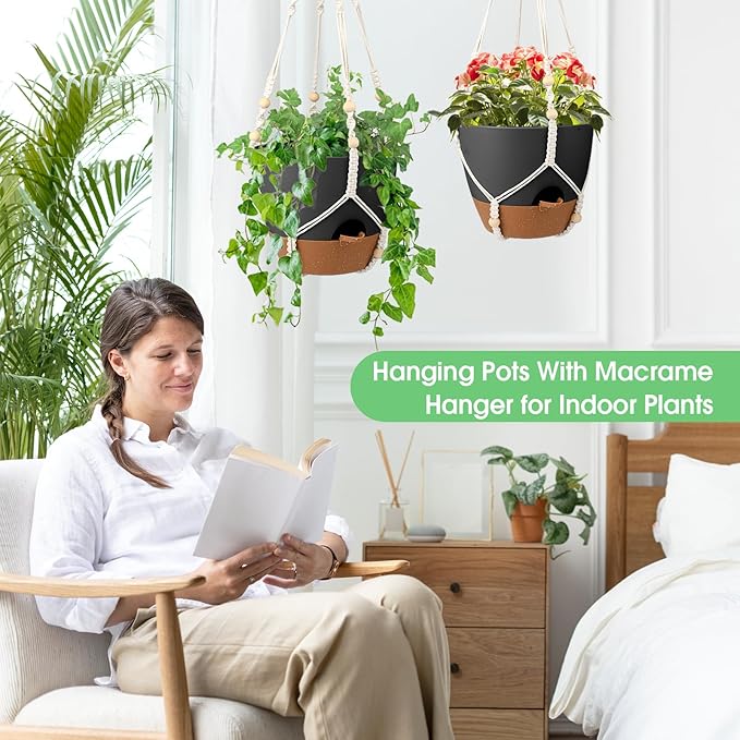 Hanging Planters for Indoor Outdoor Plants, 2 Pack Self Watering Hanging Pot with Drainage Holes, Removable Tray & 2 Kinds of Plant Hangers, 10'' Hanging Flower Pots for Home Garden Decor, Black-Ruum Studio Home