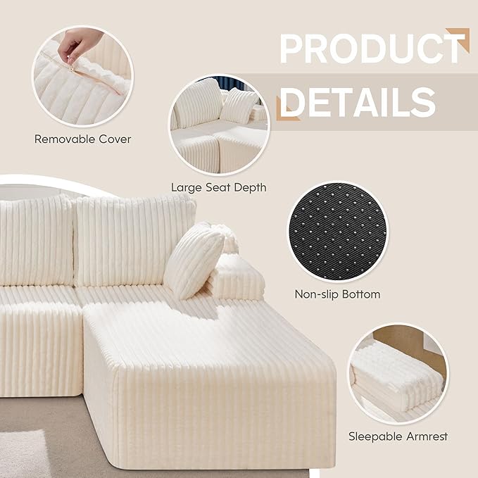 Hobestluk Modular Sectional Sofa Couches 108" L-Shape Couch 3 Seat Modular Sofa Memory Foam Sectional Couches for Living Room, Boneless Couch with Oversized Chaise (White, Right Facing)-Ruum Studio Home