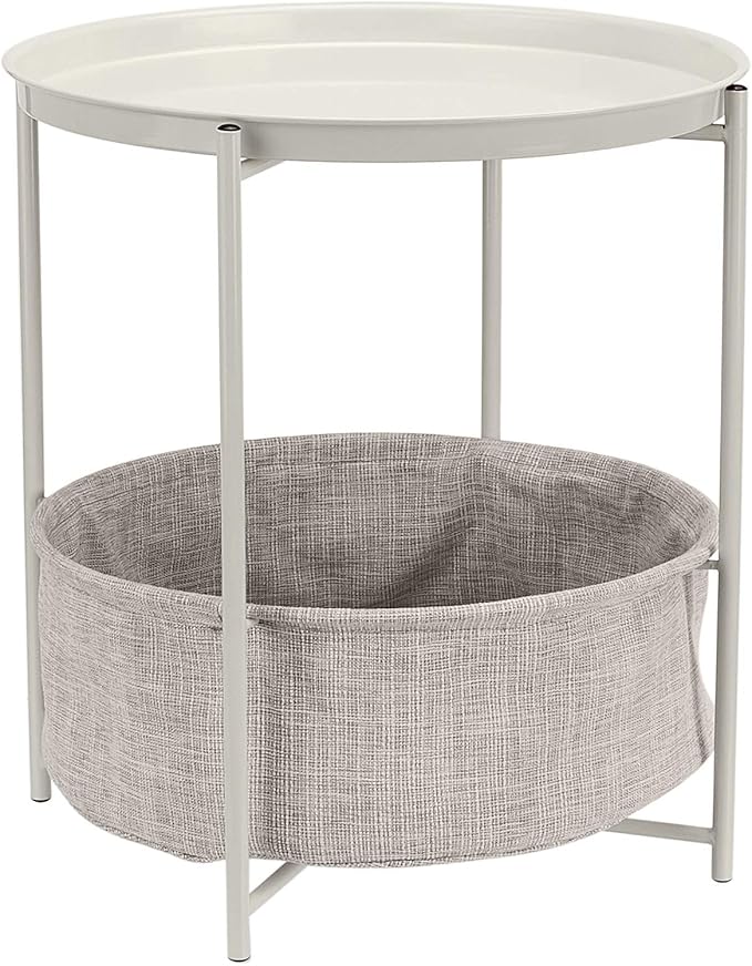 Amazon Basics Round Storage End Table, Side Table with Cloth Basket, White/Heather Gray, 17.7"L x 17.7"W x 18.9"H-Ruum Studio Home