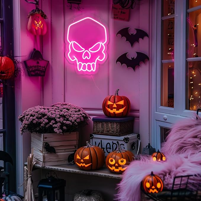 Dimmable Skull Neon Sign,Halloween Pink Neon Sign Light for Wall Decor, Skeleton LED Neon Sign for Beer Bar Bedroom Art,Skull Head Neon Lights Suitable for Computer Room, 5V USB Power 15.75 * 11.8in-Ruum Studio Home