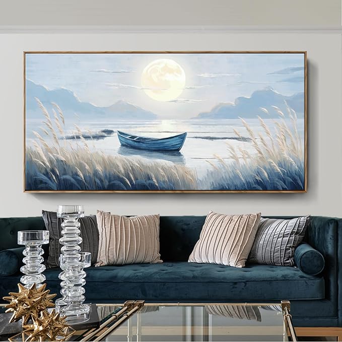 amatop Oversized Framed Coastal Wall Art for Living Room Blue Boat Moon Sea Picture Landscape Canvas Print Calming Night Ocean Lake Scene Large Artwork Nautical Bedroom Office Wall Decor 58x29 In-Ruum Studio Home