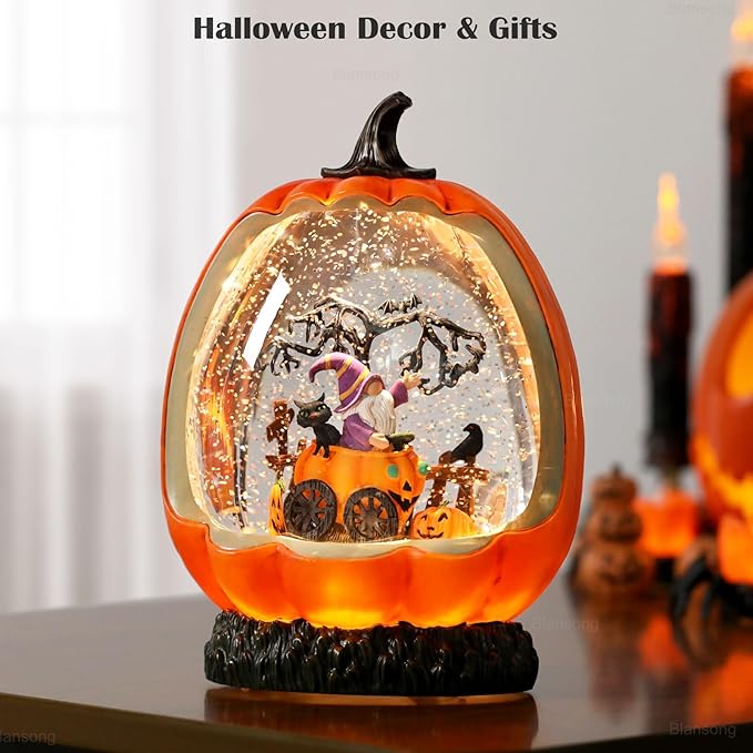 Halloween Snow Globe Pumpkin Halloween Decorations Indoor Gnome Black Cat Bat Swirling Glitter Timer-Ruum Studio Home
