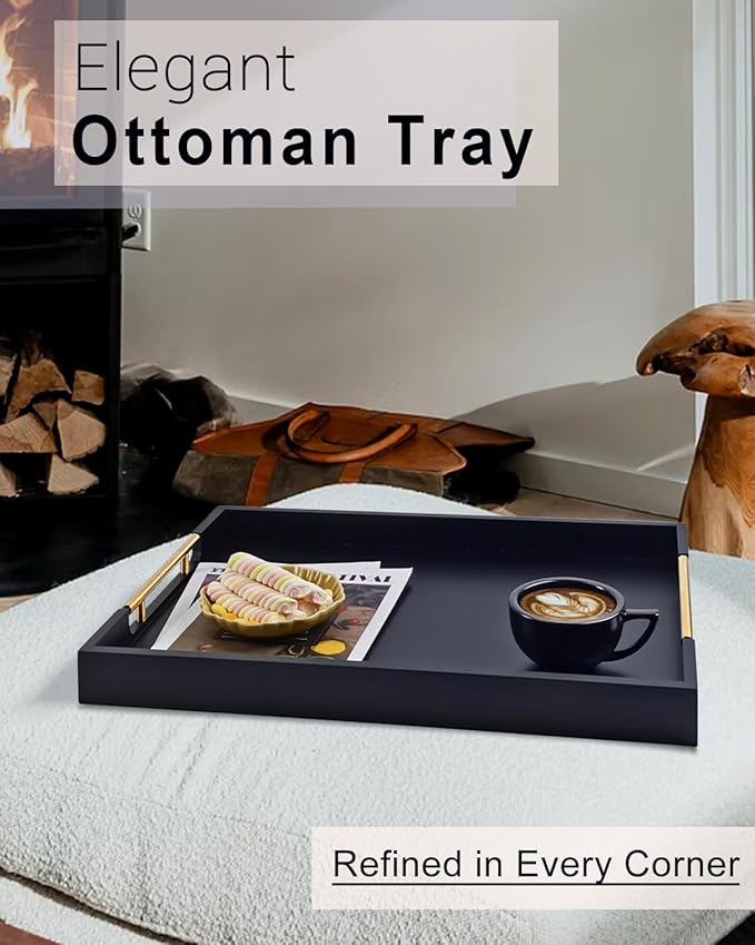 22 Inch Rectangle Black Ottoman Tray with Gold Metal Handles, Extra Large Wooden Serving Tray for Living Room, Coffee Table, Kitchen & Hosting-Ruum Studio Home