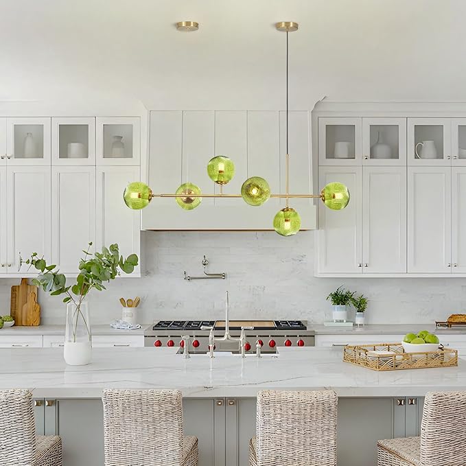 KCO Lighting 6 Green Glass Pendant Lights Kitchen Island Mid Century Modern Globe Sputnik Chandelier Brushed Gold Linear Island Light Fixture for Dining Room-Ruum Studio Home