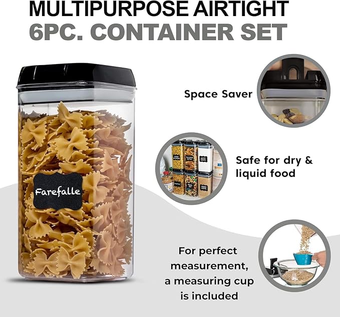 Shazo Airtight Food Storage Containers with Lids - 6 PC BPA Free Clear Plastic Cereal Containers with Easy Lock Lids for Kitchen and Pantry Organization for Snacks and Pasta - 1.2 L-Ruum Studio Home
