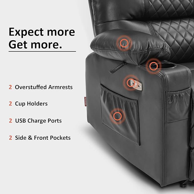 MCombo Zero Gravity Power Recliner Chair with Heat and Vibration Massage, Reclining Chair with USB Ports, Cup Holders for Living Room, Faux Leather PR621 (Grey)-Ruum Studio Home