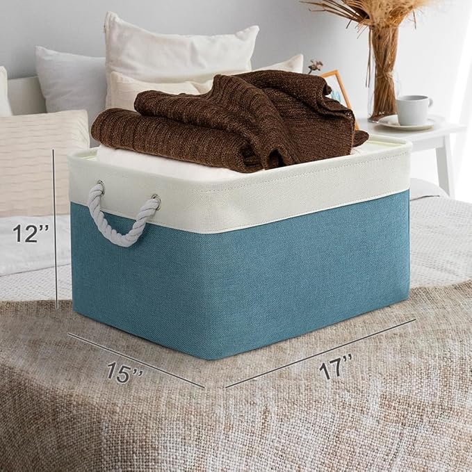 Storage Basket for Organizing - 17X15X12 inch 2 Pack Canvas Storage Bin for Shelves, Fabric Storage Cubes for Cloth Decorative Books Nursery (White & Green)-Ruum Studio Home