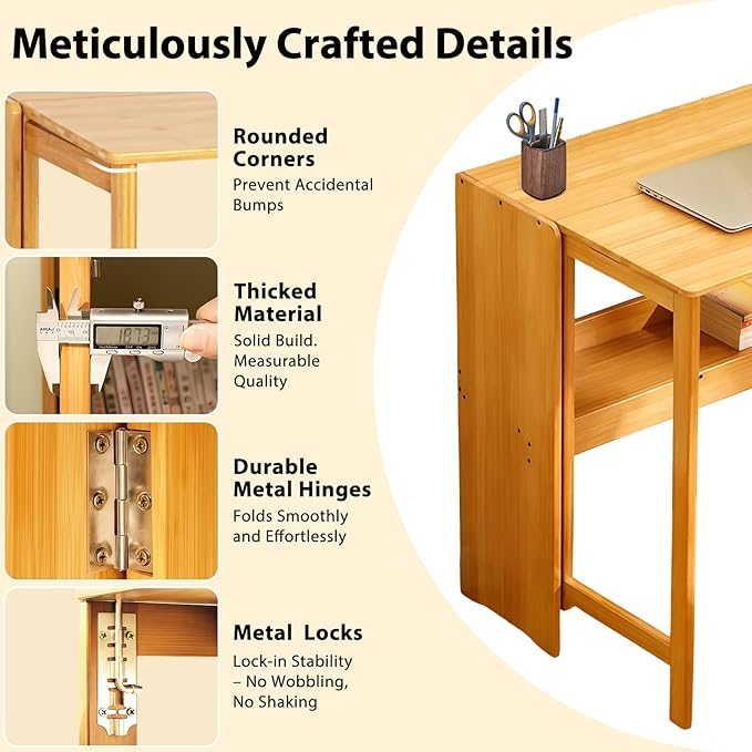 39.37" Bamboo Folding Desk,Space-Saving Computer Desk for Small Spaces, Foldable Study Table for Bedroom, Home Office, Dorm, Apartment (Natural)-Ruum Studio Home