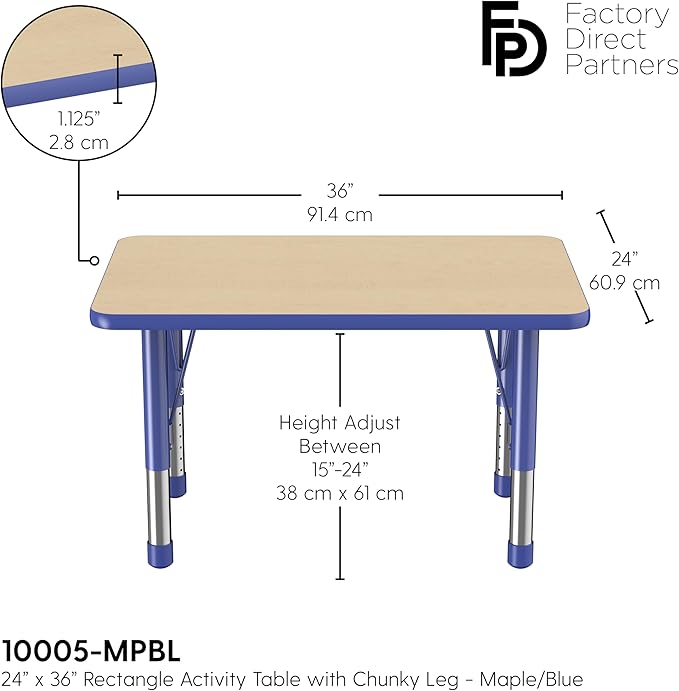 FDP Rectangle Activity School and Classroom Kids Table (24 x 36 inch), Chunky Toddler Leg, Adjustable Height 15-24 inches - Maple Top and Blue Edge-Ruum Studio Home