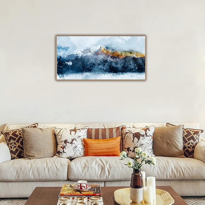 Framed Wall Art Canvas Indigo Abstract Mountain Pictures Wall Decor Blue Grey Orange Mountain Peaks Canvas Painting Prints Modern Abstract Artwork for Living Room Bedroom Decoration 20" x 40"-Ruum Studio Home