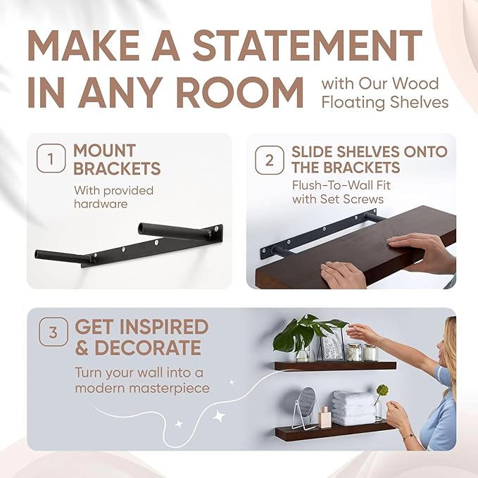 Homeforia 24inch Walnut Floating Shelves for Wall, High End Solid Real Wood 24in Floating Shelf for Bathroom, Dark Brown 24 inch Long Floating Shelves, Heavy Duty Bracket, 24 X 6.5 X 1.75 in, Set of 3-Ruum Studio Home