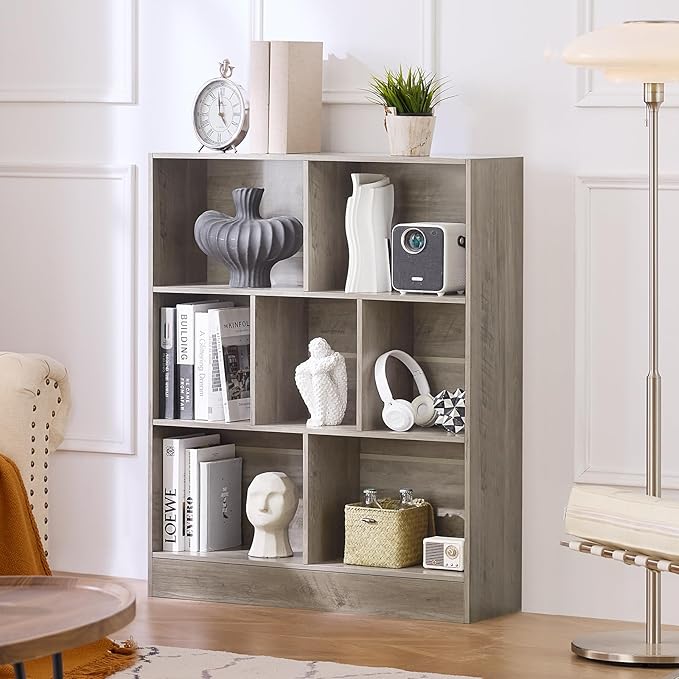 LEYAOYAO 7 Cube Bookshelf with Base,3 Tier Mid-Century Modern Grey Bookcase,Standing Wide Bookshelves Storage Organizer Shelf,Rustic Wood Display Cabinet Book Shelves for Bedroom,Living Room,Office-Ruum Studio Home