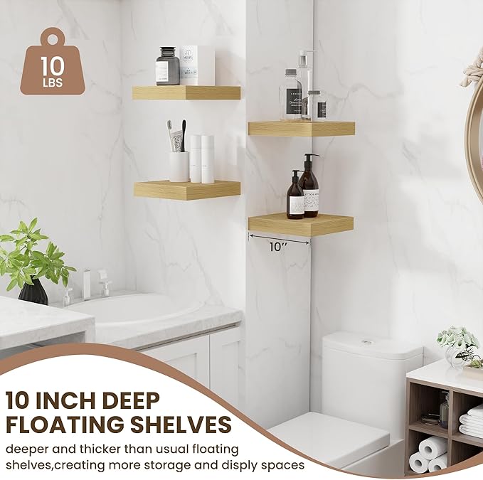 Fun Memories Floating Shelves for Wall - 10" x 10" Wood Shelf with Invisible Bracket - Deep Floating Shelves - 10 Inch Shelf Wall-Mounted for Living Room & Bathroom - Oak - Set of 2-Ruum Studio Home