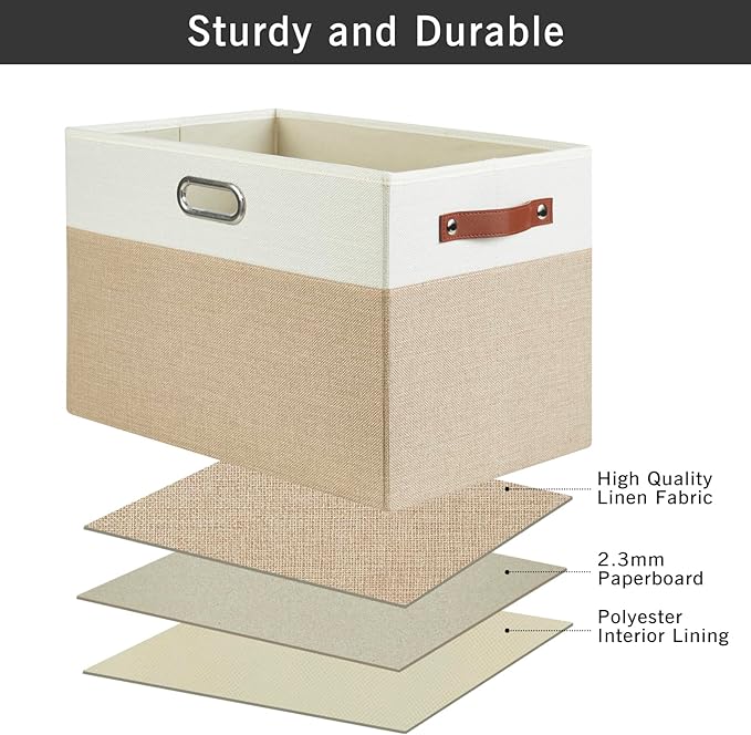 Large Collapsible Fabric Storage Bins with 3 Handles, Foldable Organizer Baskets for Closet, Shelves, Living Room | 3 Pack, Durable PU & Metal Handles (17"x11.8"x11.8", Beige & White)-Ruum Studio Home