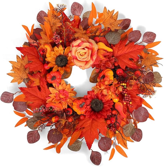 24" Fall Wreath for Front Door Outside - Sunflower, Pumpkin, Berry & Maple Leaves | Weatherproof Autumn Outdoor Wreaths with Hanger Hook for Thanksgiving, Harvest-Ruum Studio Home