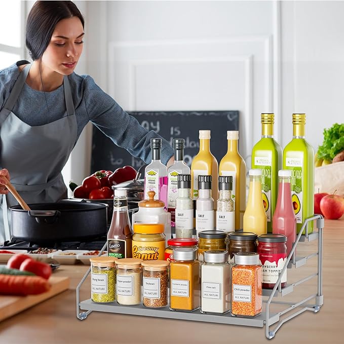 RCHYFEED 4 Tier Spice Rack Organizer, Spice Organization for Cabinet,Pantry, Countertop,Tiered Spice Rack Easy Visibility,Depth Expandable Seasoning Shelf for Kitchen Cabinet Organizer,Silver-Ruum Studio Home