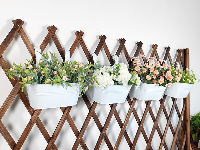 10" Hanging Flower Pots, Pack of 8 White Metal Outdoor Patio Balcony Planter, Railing Planters Fence Pot with Detachable Hook & Drainage Hole for Small Plants (White, 8Pcs)-Ruum Studio Home