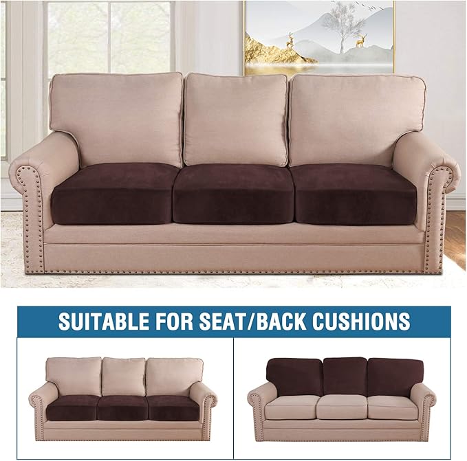 H.VERSAILTEX Velvet Stretch Couch Cushion Cover Plush Cushion Slipcover for Chair Loveseat Sofa Cushion Furniture Protector Seat Cushion Sofa Cover (3 Piece Sofa Cushion Covers, Brown)-Ruum Studio Home