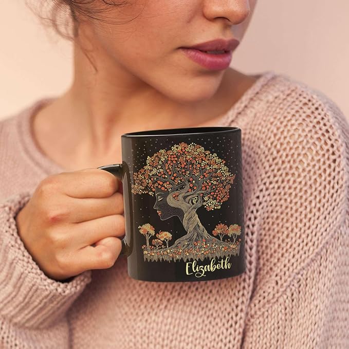 Custom Name Coffee Mug 11oz 15oz, Unique Nature Inspired Coffee Cup for Women, Personalized Vibrant Nature Themed Black Cup, Artistic Tree Ceramic Mug, Gifts for Women's Day-Ruum Studio Home