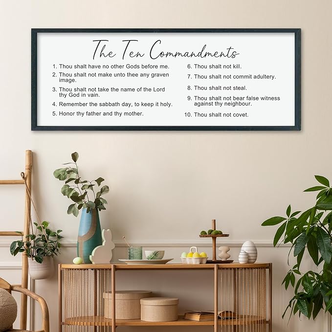 LuZhiQiang The Ten Bible Verse Wall Decor 40"×15" God Jesus Prayer for Christian Saying Catholic Scripture Sign Large Wood Framed Wall Hanging Art (Black)-Ruum Studio Home