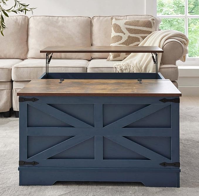 Blue Coffee Table with Storage, Cocktail Table with Hinged Lift Top, Farmhouse Square Wood Center Table with Large Hidden Storage Compartment for Living Room, Square Coffee Table, Metal Edges Decor-Ruum Studio Home