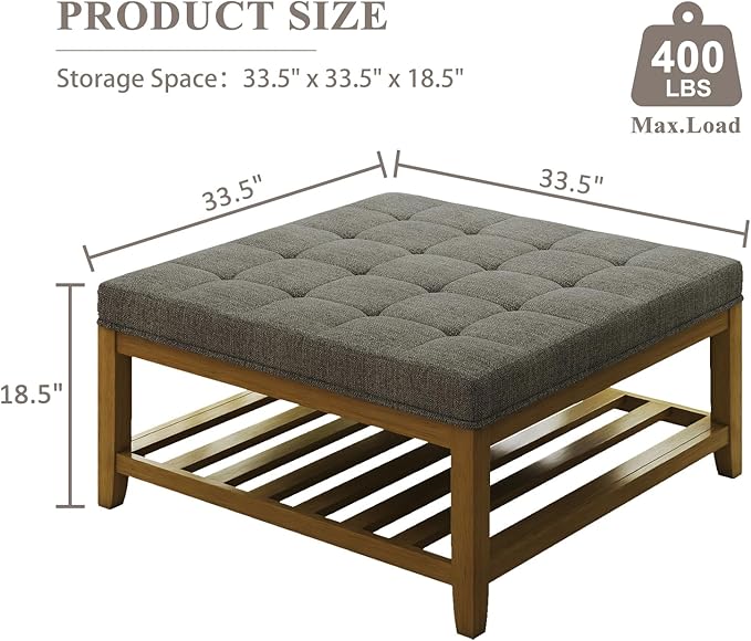 Large Square Ottoman Coffee Table, Linen Solid Upholstered Footrest Ottoman with Solid Wood Shelf Storage Tufted Coffee Table for Bedroom Living Room, Granite-Ruum Studio Home