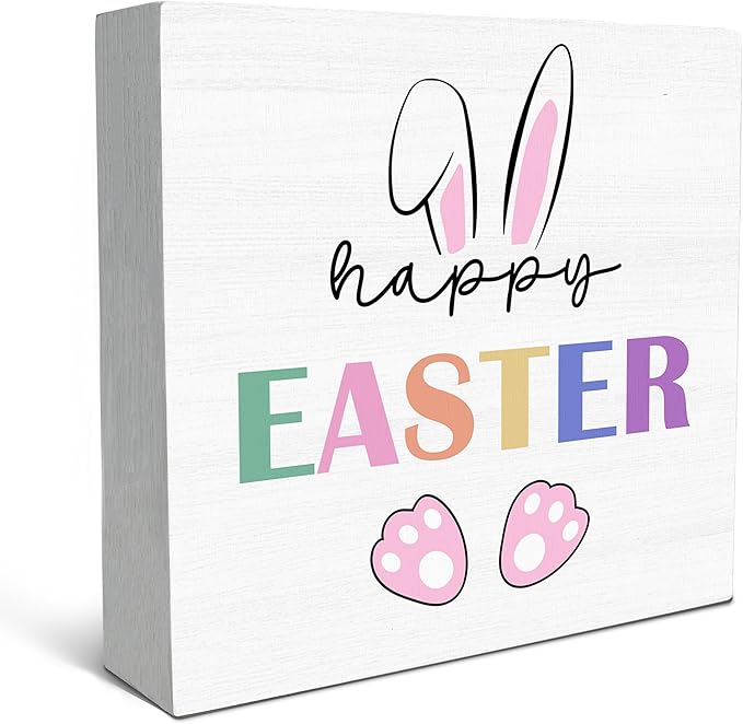 SRADMO Happy Easter Sign, Cute Bunny's Ear Easter Wood Box Sign Desk Decor, Easter Bunny Decorations, Easter Theme Wooden Block Box Sign Decoration for Home Office Shelf Table Decor-Ruum Studio Home