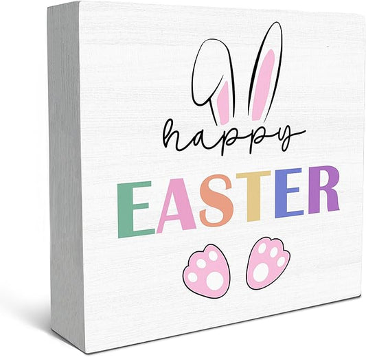 SRADMO Happy Easter Sign, Cute Bunny's Ear Easter Wood Box Sign Desk Decor, Easter Bunny Decorations, Easter Theme Wooden Block Box Sign Decoration for Home Office Shelf Table Decor-Ruum Studio Home