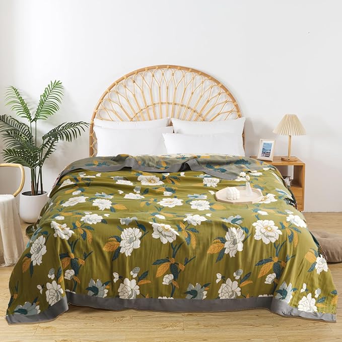 Boho Throw Blanket for Bed - 100% Pure Cotton Ultra Soft Rustic Quilt - Farmhouse Decor Bed Blankets, All Season Rustic Throw for Sofa Couch Chair(80''x 90'', Flower Branch)-Ruum Studio Home